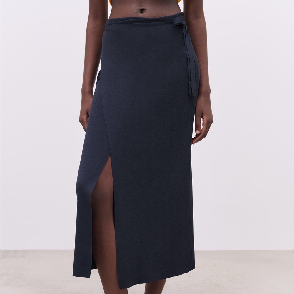Zara Navy Wrap Midi Skirt
